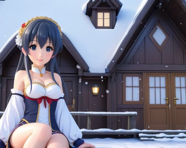 Cheerful Animated Character in Snowy Cabin Setting