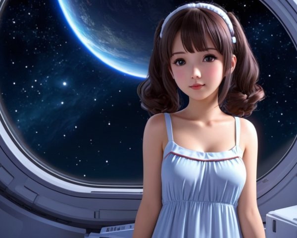 Young woman in blue dress gazes at distant planet