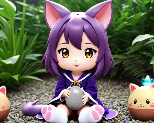 Chibi Character with Purple Hair Among Plants and Cats