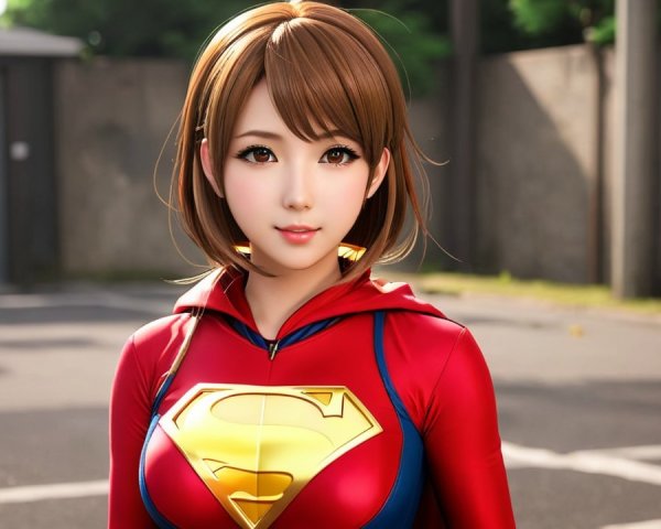 Young woman in vibrant superhero costume outdoors