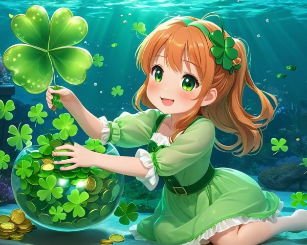 Cheerful girl in green outfit plays underwater with clover