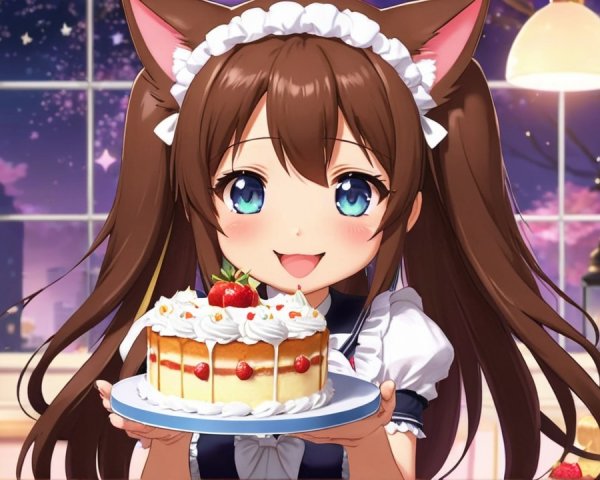 Cheerful girl in maid outfit with decorated cake