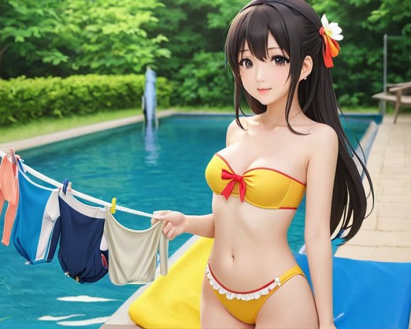 Cheerful anime girl by pool in vibrant bikini and swimwear