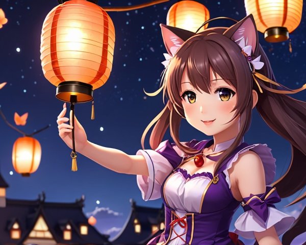Cheerful girl with cat ears under a starry sky