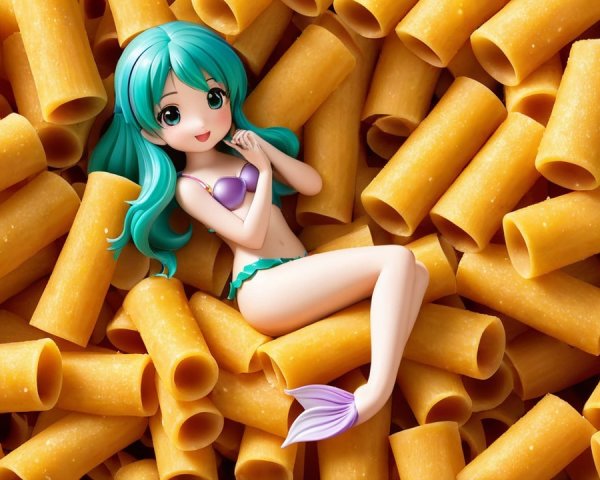 Anime Character with Turquoise Hair Among Rigatoni Pasta