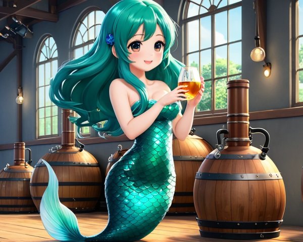 Mermaid in a Rustic Brewery with Frothy Drink