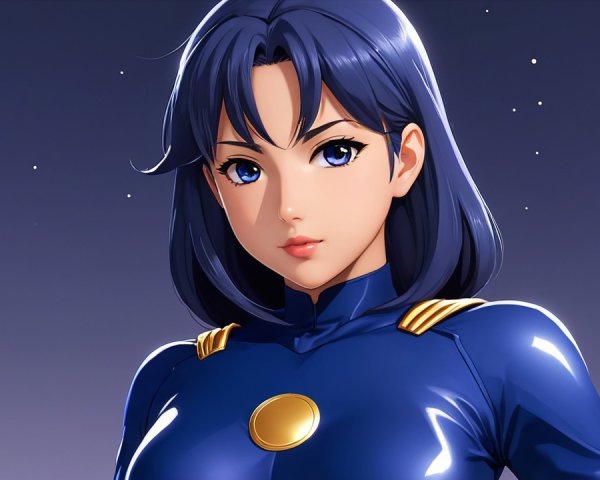 Young woman in blue outfit against starry backdrop