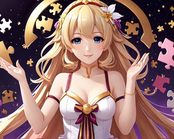 Anime Character with Blonde Hair and Puzzle Pieces