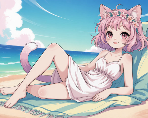 Cute girl with pink hair and cat ears at the beach