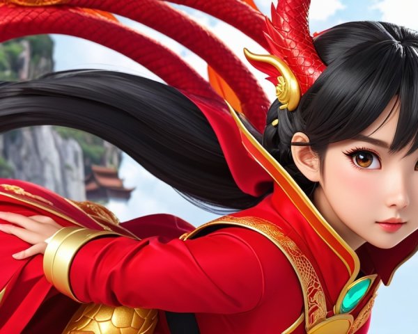 Vibrant Character in Red Attire with Dragon Horns