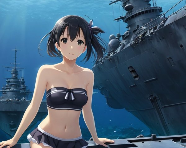 Girl in black bikini poses on submerged battleship