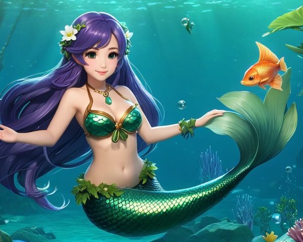 Illustration of a mermaid in a vibrant underwater scene