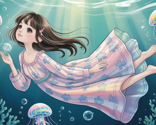 Anime Illustration of a Girl in an Underwater Scene
