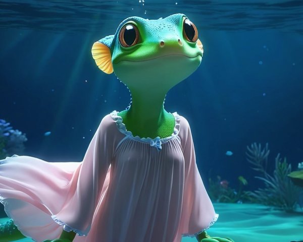 Whimsical Underwater Scene with Cheerful Gecko Character
