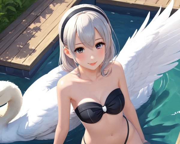 Young Woman by Pool with Swan and Lush Greenery