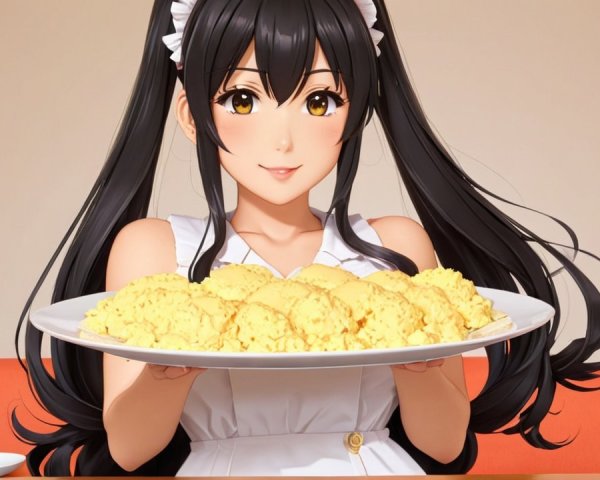 Cheerful anime character with dumplings in white dress
