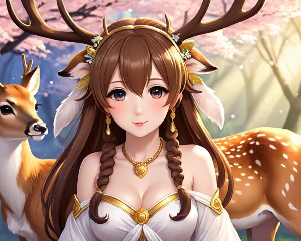 Ethereal Woman with Antlers in Serene Forest Scene