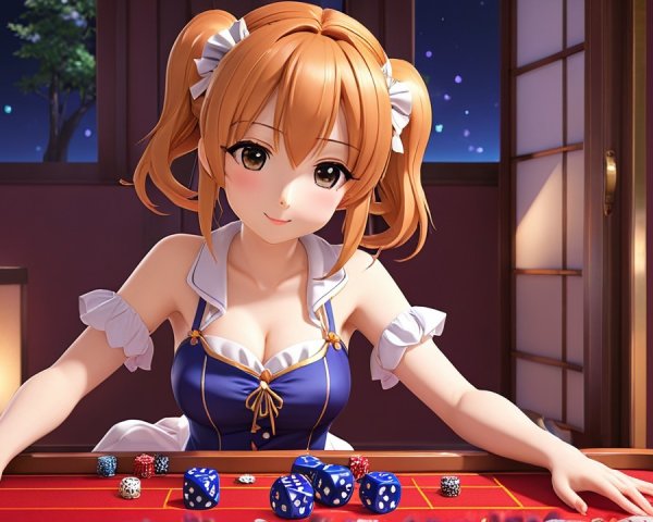 Anime Character at Dimly Lit Gaming Table with Dice
