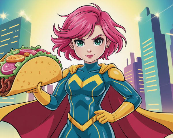 Superhero Girl Illustration with Taco in Hand