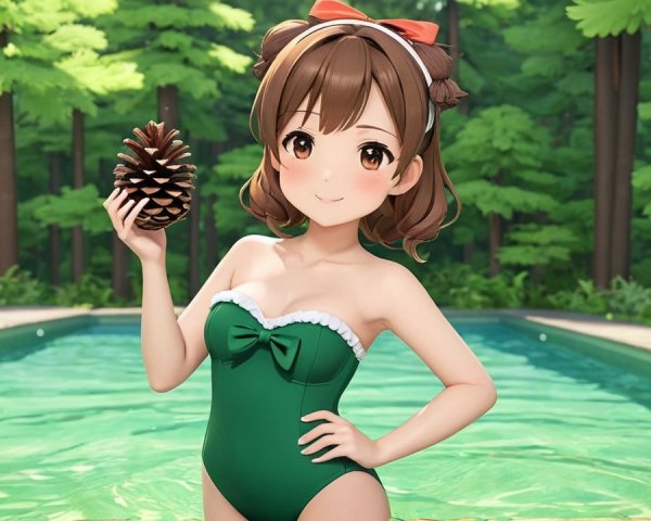 Cheerful Anime Character by Shimmering Pool in Forest