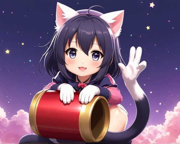 Cute anime girl with cat ears beside a red cannon