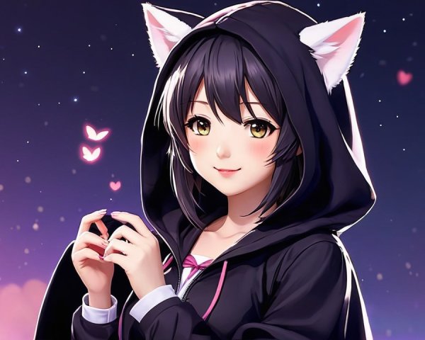 Anime girl with black hair, cat ears, and hoodie