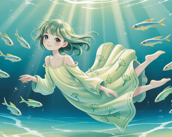 Anime girl with green hair swimming with fish