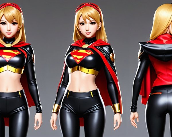 Female superhero character in sleek black and red outfit