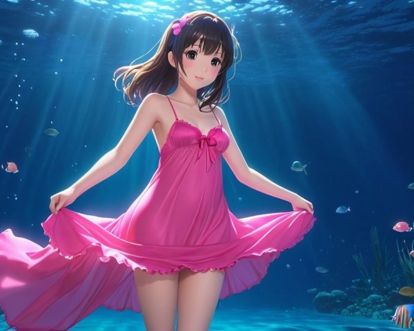 Underwater Scene with Girl in Pink Dress and Marine Life