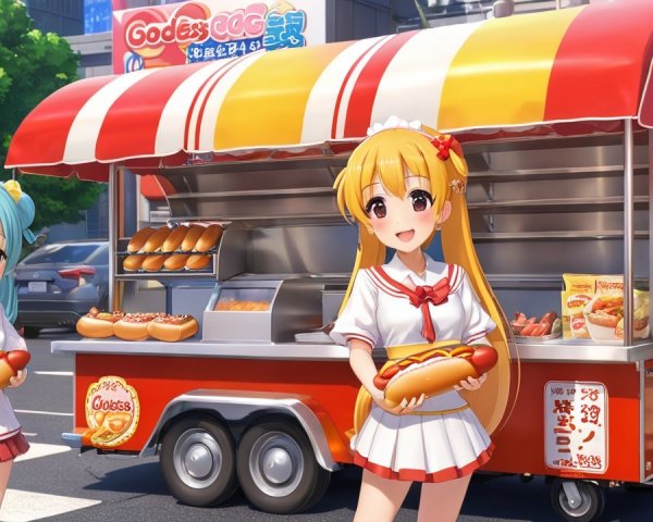 Cheerful Characters with Food Truck on Sunny Street