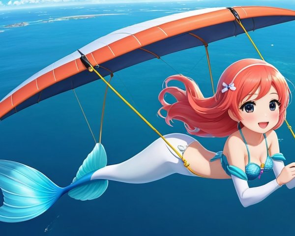 Cheerful mermaid hang gliding over azure ocean scene