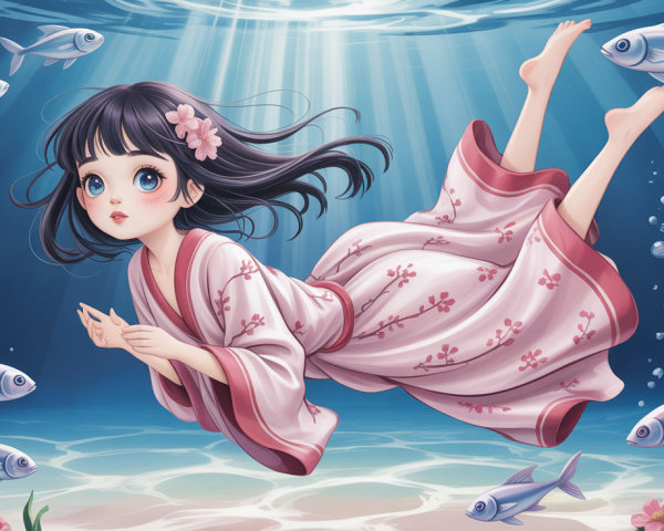 Anime-style illustration of a girl swimming underwater