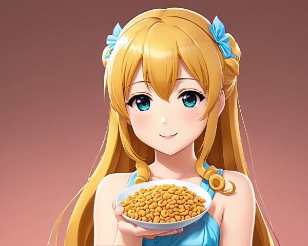 Cheerful anime girl with snacks in light blue dress