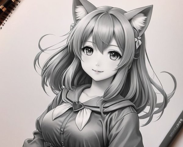 Grayscale Illustration of Young Woman with Cat Features
