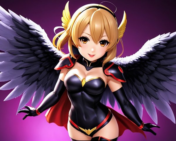 Anime character with black wings and red cape
