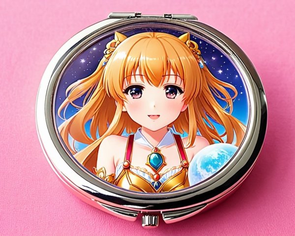 Silver Compact Mirror with Anime Illustration