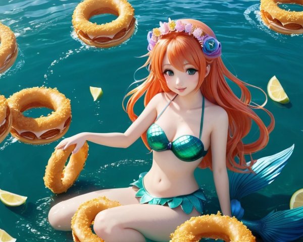 Mermaid in Vibrant Water Surrounded by Donuts and Lemons