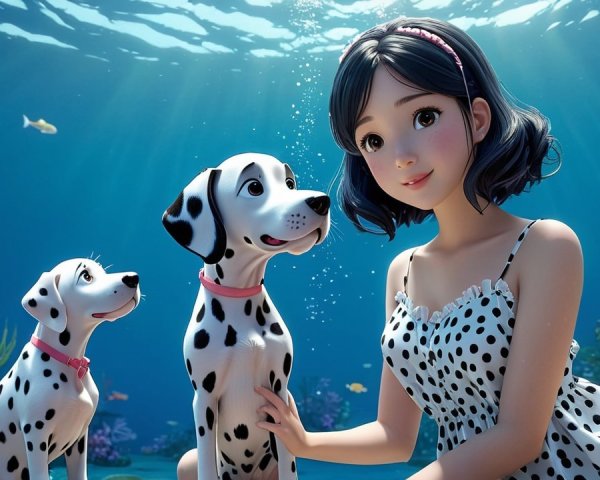 Underwater Scene with Girl, Dogs, Coral, and Fish