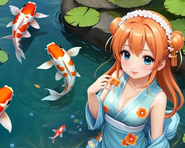 Young Woman in Blue Kimono by Tranquil Pond
