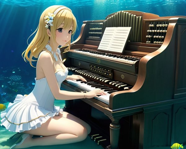 Underwater Scene of Woman Playing Piano Among Coral
