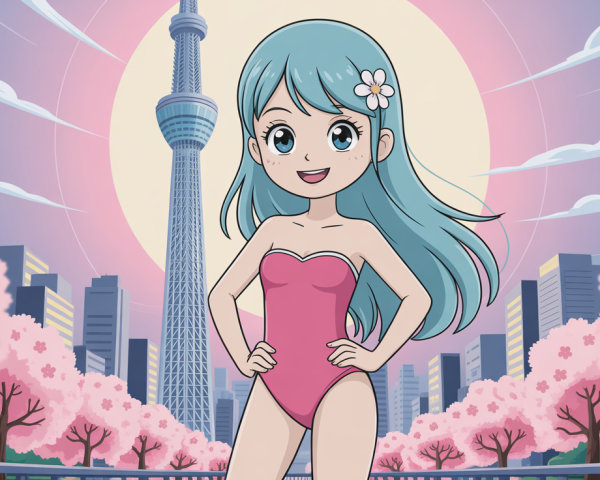 Cheerful Anime Girl in Pink Swimsuit with Cityscape