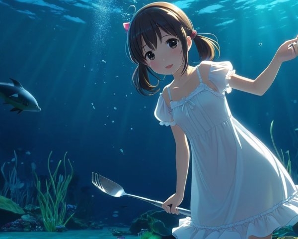 Anime girl in white dress underwater with fish and plants
