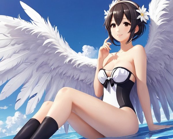 Character with Angelic Wings by the Water Scene