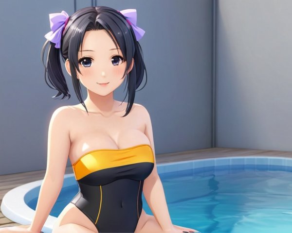 Character by Pool in Black and Orange Swimsuit
