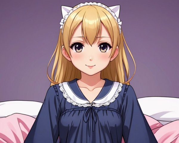 Young woman in navy nightgown on a bed with pillows