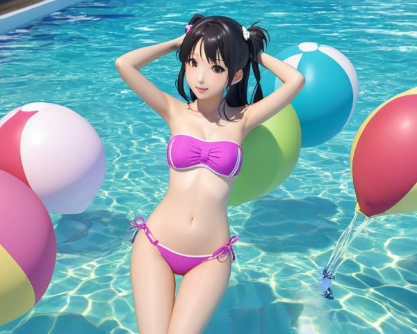 Cheerful Woman in Pink Bikini at Vibrant Pool Scene