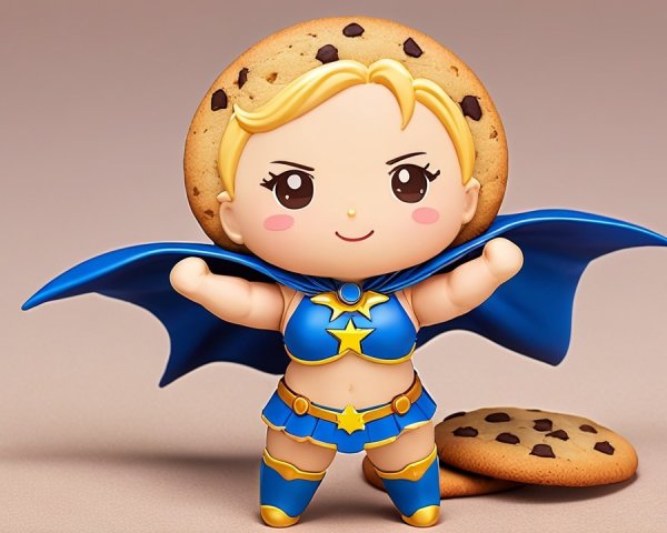 Cartoonish superhero figure with cookie-shaped head