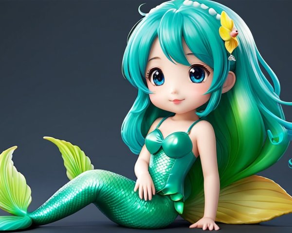 Stylized mermaid character with turquoise hair and tail