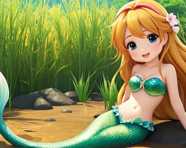 Cheerful Anime Mermaid on Sandy Beach with Green Tail