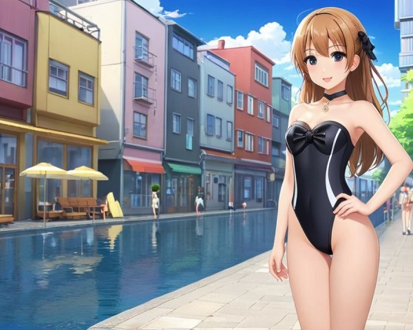 Charming Animated Character by Vibrant Waterfront Street